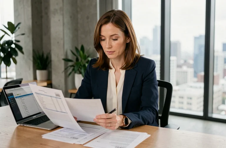 Consultante indépendante en portage salarial analysant des documents fiscaux et financiers à son bureau dans un espace de coworking moderne