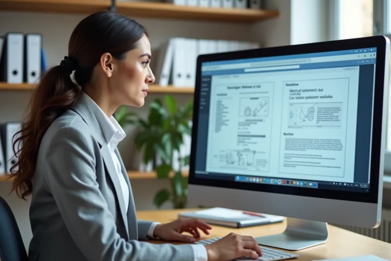 Femme professionnelle consultant la base de brevets de l'INPI sur un écran d'ordinateur dans un bureau moderne
