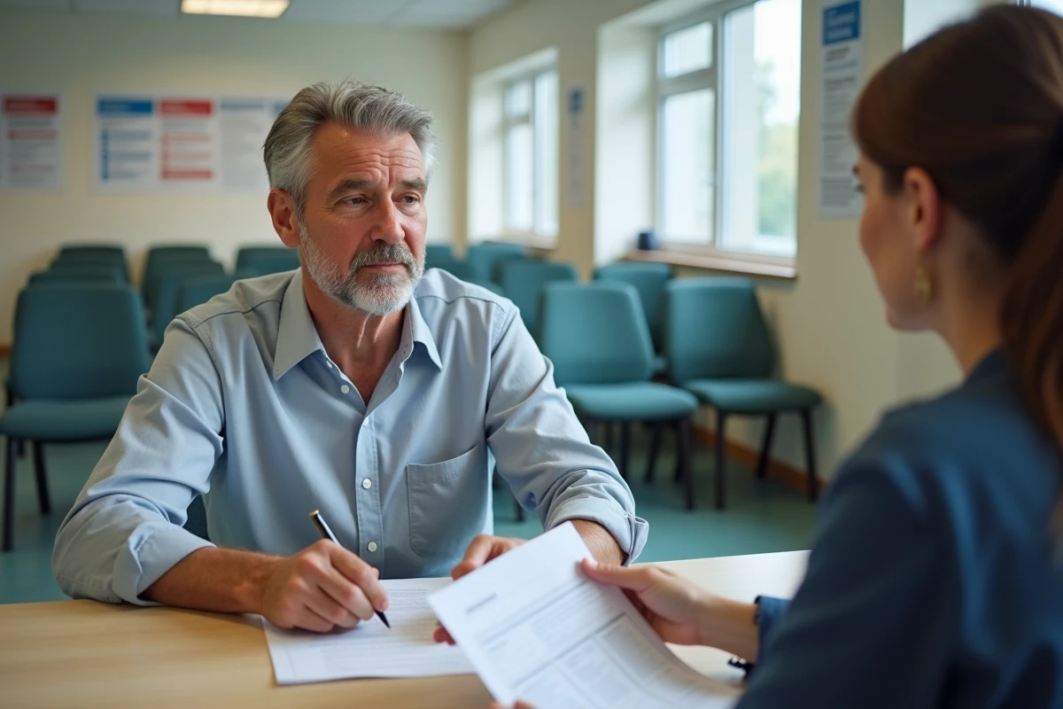 Homme en consultation à Pôle Emploi pour une demande d'allocation chômage après licenciement
