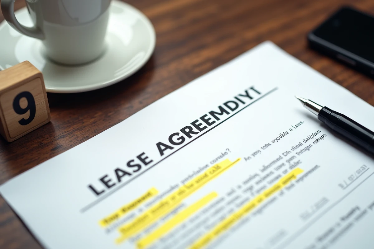 Gros plan sur un contrat de bail commercial avec clauses surlignées et stylo plume sur un bureau en bois