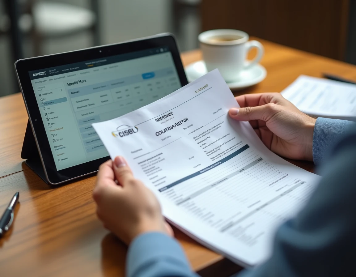 Vérification d'un numéro SIRET sur tablette en comparant un devis imprimé dans un café