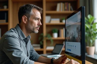 Homme mesurant la diagonale d'une télévision avec un ruban de mesure en pouces et centimètres