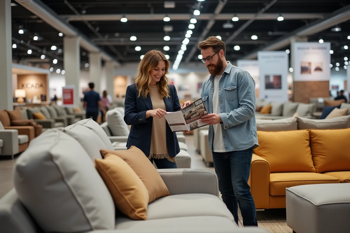 Couple consultant un guide d'achat devant des canapés tapissés dans un magasin de meubles SOFFRAN