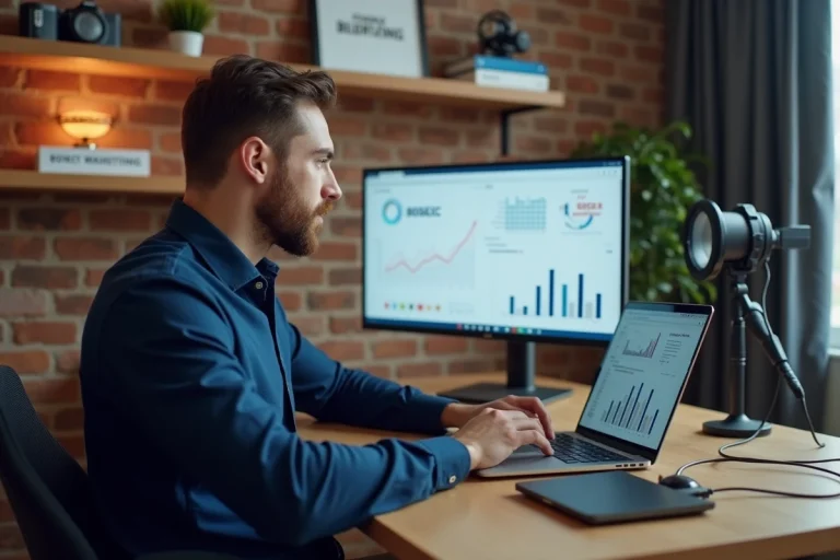 Créateur de contenu masculin analysant ses revenus et statistiques d'audience sur un ordinateur portable dans un bureau moderne aménagé pour la création