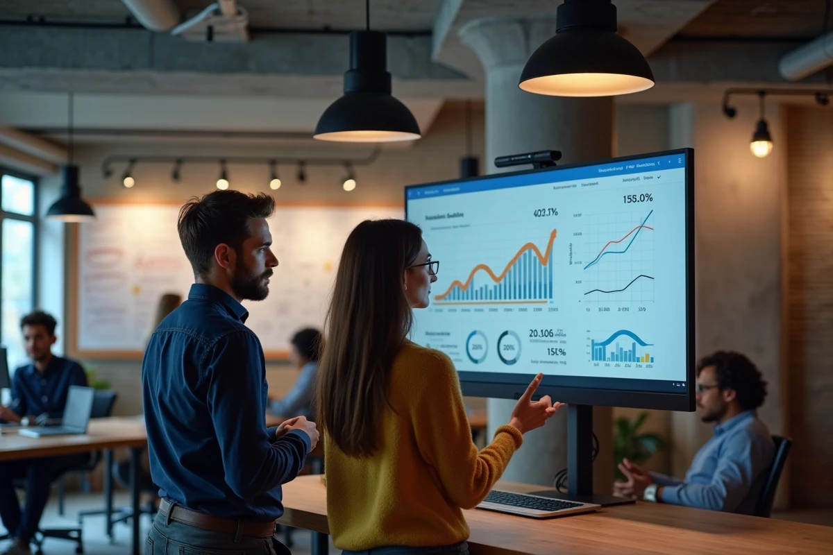 Deux créateurs de contenu collaborant dans un espace de coworking moderne autour d'une stratégie de monétisation d'audience affichée sur grand écran