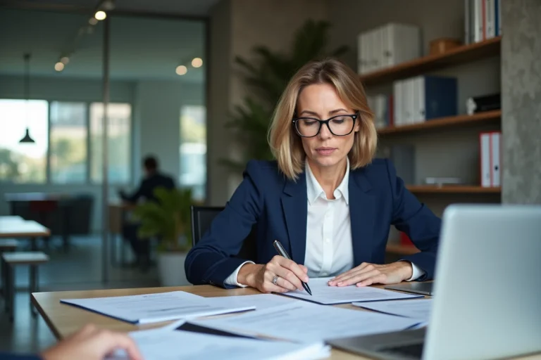 Femme d'affaires professionnelle en blazer marine consultant des documents juridiques pour la création d'une SAS dans un bureau moderne