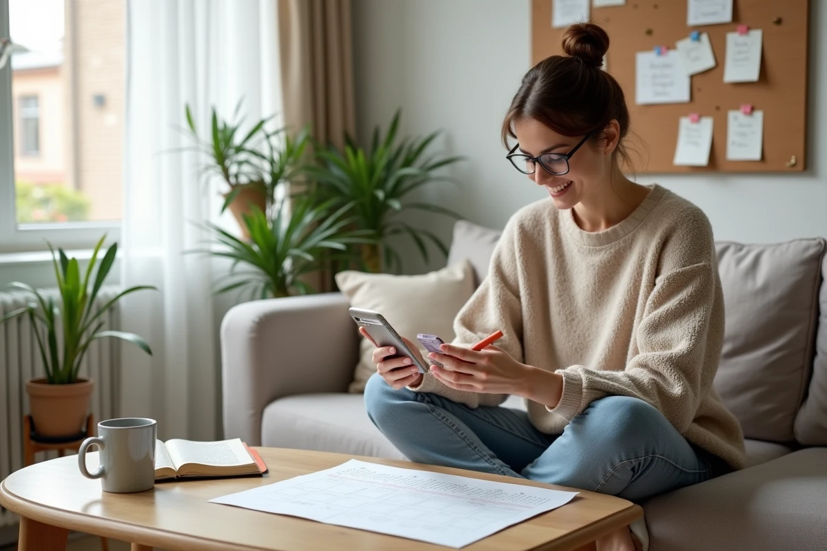 Créatrice de contenu planifiant sa stratégie de monétisation avec un calendrier éditorial et son smartphone dans un espace de travail minimaliste