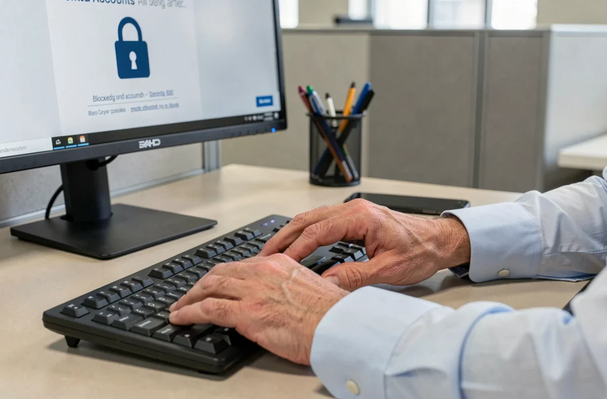 Mains tapant un mot de passe pour tenter de débloquer l'accès à un compte en ligne sécurisé depuis un ordinateur de bureau