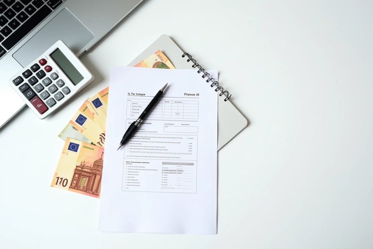 Vue aérienne d'une déclaration fiscale française, d'une calculatrice et de billets en euros sur un bureau blanc illustrant l'impôt sur les sociétés