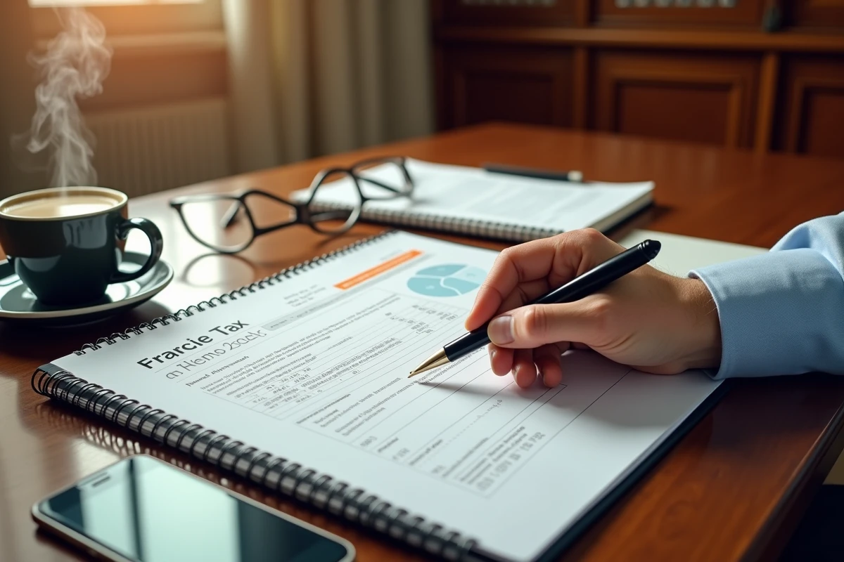 Mains d'un professionnel remplissant une déclaration d'impôt sur les sociétés avec stylo et rapport financier annoté sur un bureau élégant