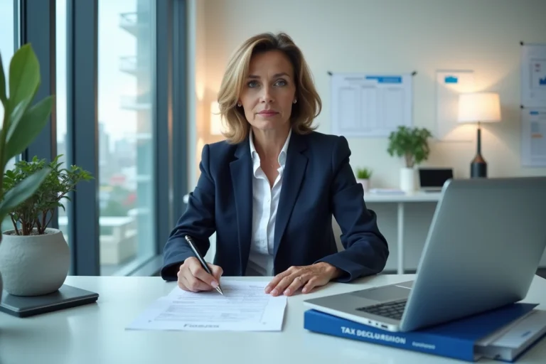 Femme comptable remplissant une déclaration de TVA sur ordinateur dans un bureau moderne