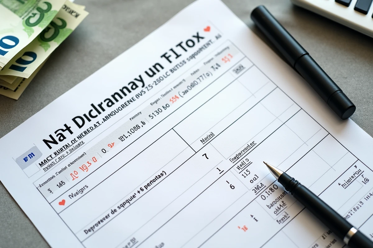 Vue aérienne d'une déclaration de TVA française avec billets en euros, stylo et calculatrice sur lin gris