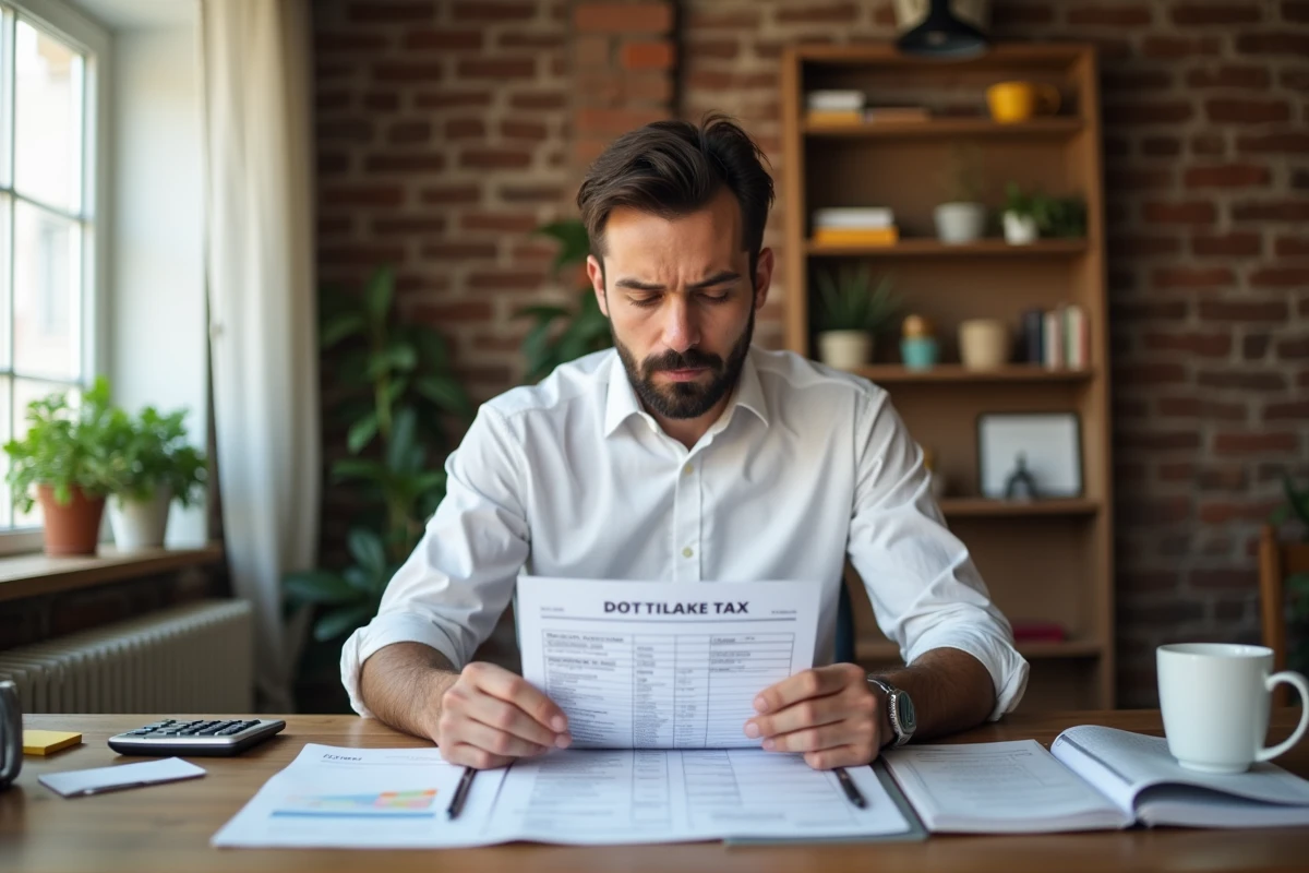 Entrepreneur indépendant préparant sa déclaration de TVA à domicile avec documents et calculatrice