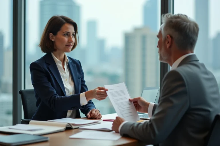 Salariée remettant une demande de rupture conventionnelle à son employeur dans un bureau professionnel moderne