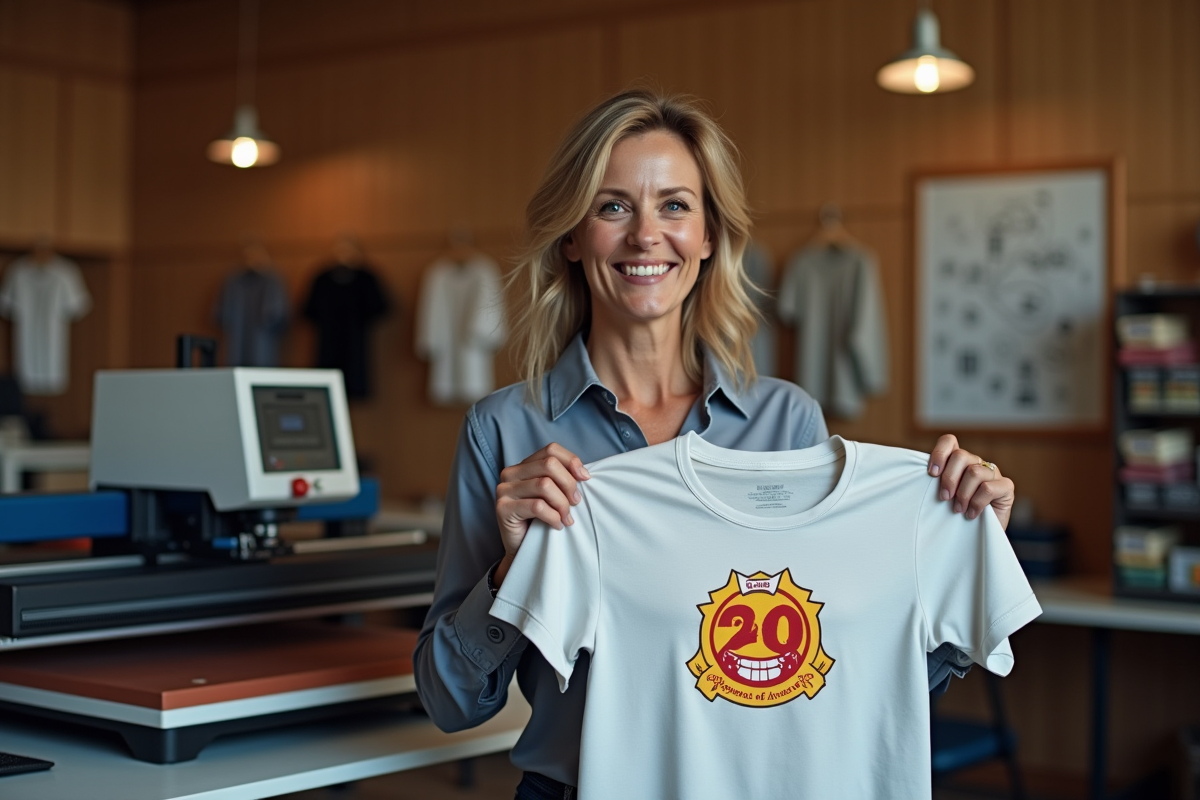 Femme designer présente un t-shirt flocké dans son atelier créatif
