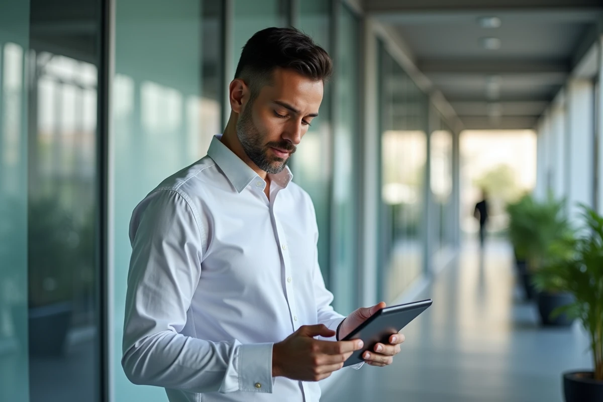 Directeur des ressources humaines consultant l'application mobile AgileTime pour la gestion des plannings d'équipe