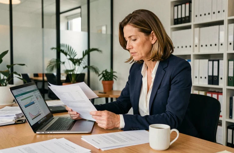Dirigeante de SARL analysant les seuils de charges sociales avant un recrutement dans son bureau