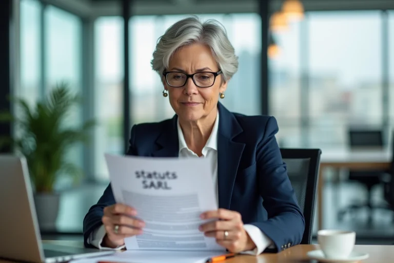 Dirigeante d'une SARL en train d'examiner les statuts de son entreprise dans un bureau moderne