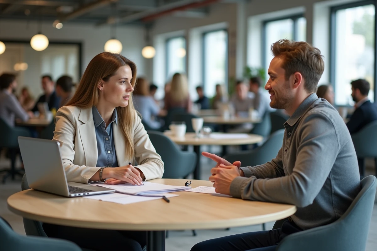Deux entrepreneurs discutant des différences entre auto-entreprise et micro-entreprise dans un espace de coworking
