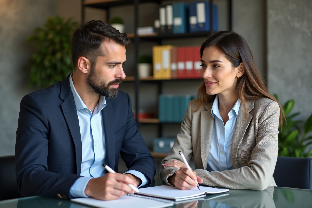 Homme et femme en tenue professionnelle discutant autour d'une table
