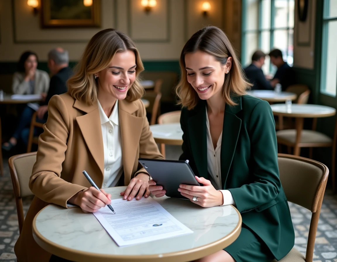 Deux femmes professionnelles discutant des critères de levée de fonds avec une business angel autour d'un term sheet dans un café parisien