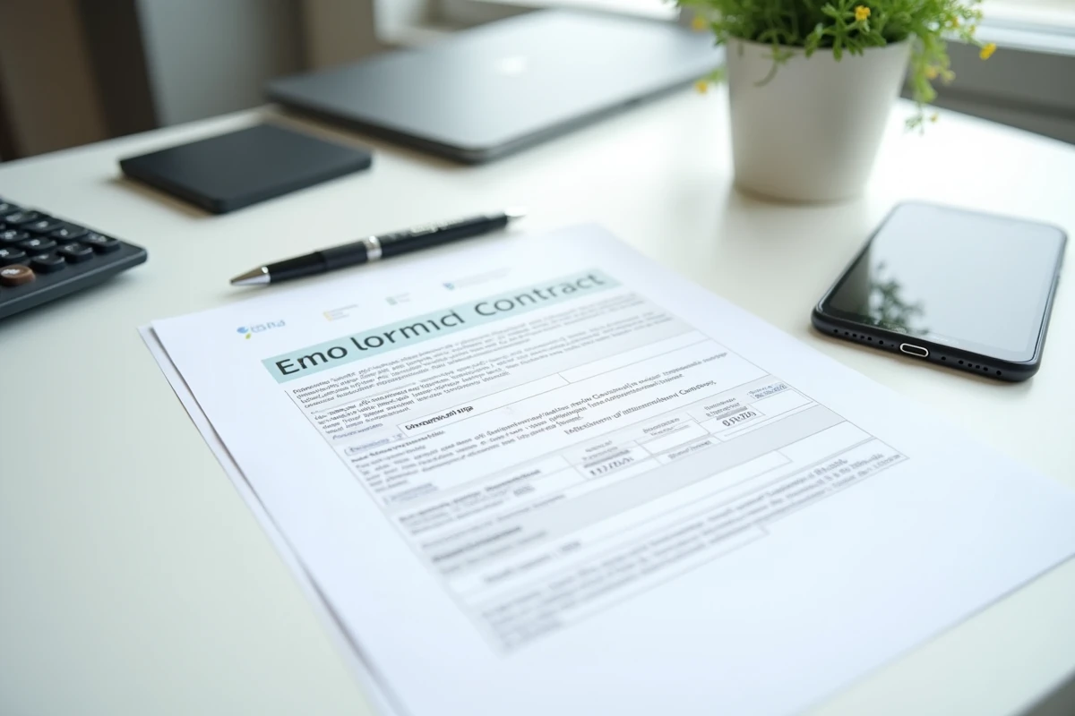 Documents administratifs pour un contrat CESU posés sur un bureau à domicile avec calculatrice et smartphone