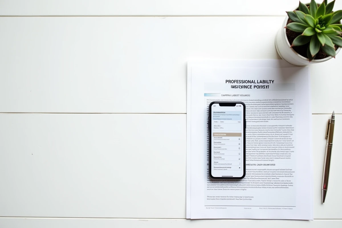 Documents d'assurance RC professionnelle posés sur un bureau avec comparatif de prix sur smartphone