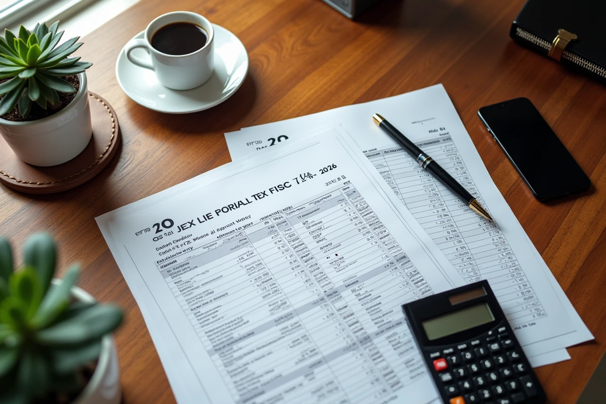 Vue aérienne d'un bureau avec documents fiscaux et barème de l'impôt sur les sociétés 2026