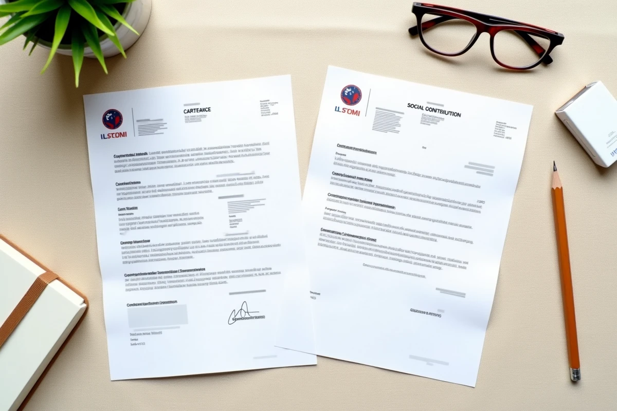 Vue de dessus de documents administratifs français incluant un extrait Kbis et une attestation de vigilance Urssaf sur un bureau