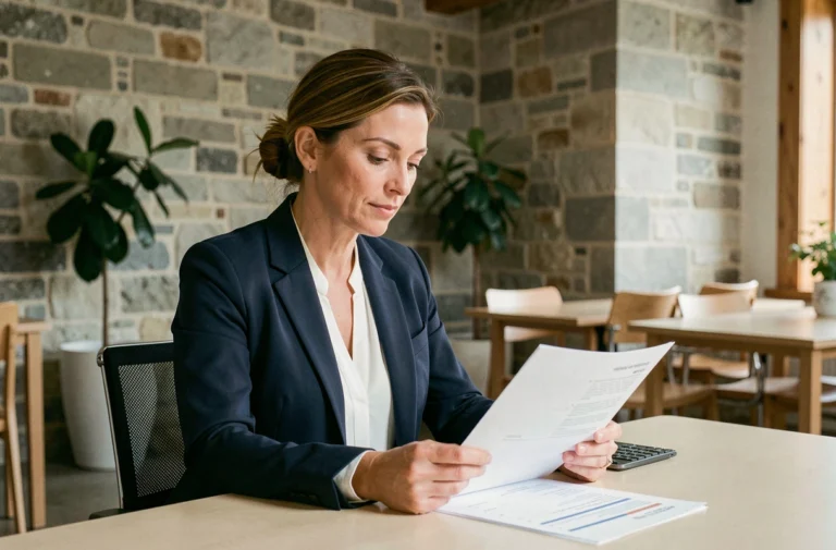 Femme d'affaires analysant des documents de domiciliation d'entreprise dans un espace de coworking à Angers