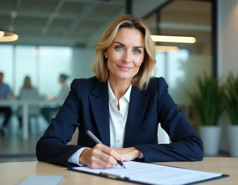 DRH femme signant une lettre de rupture conventionnelle CDI dans un bureau RH moderne