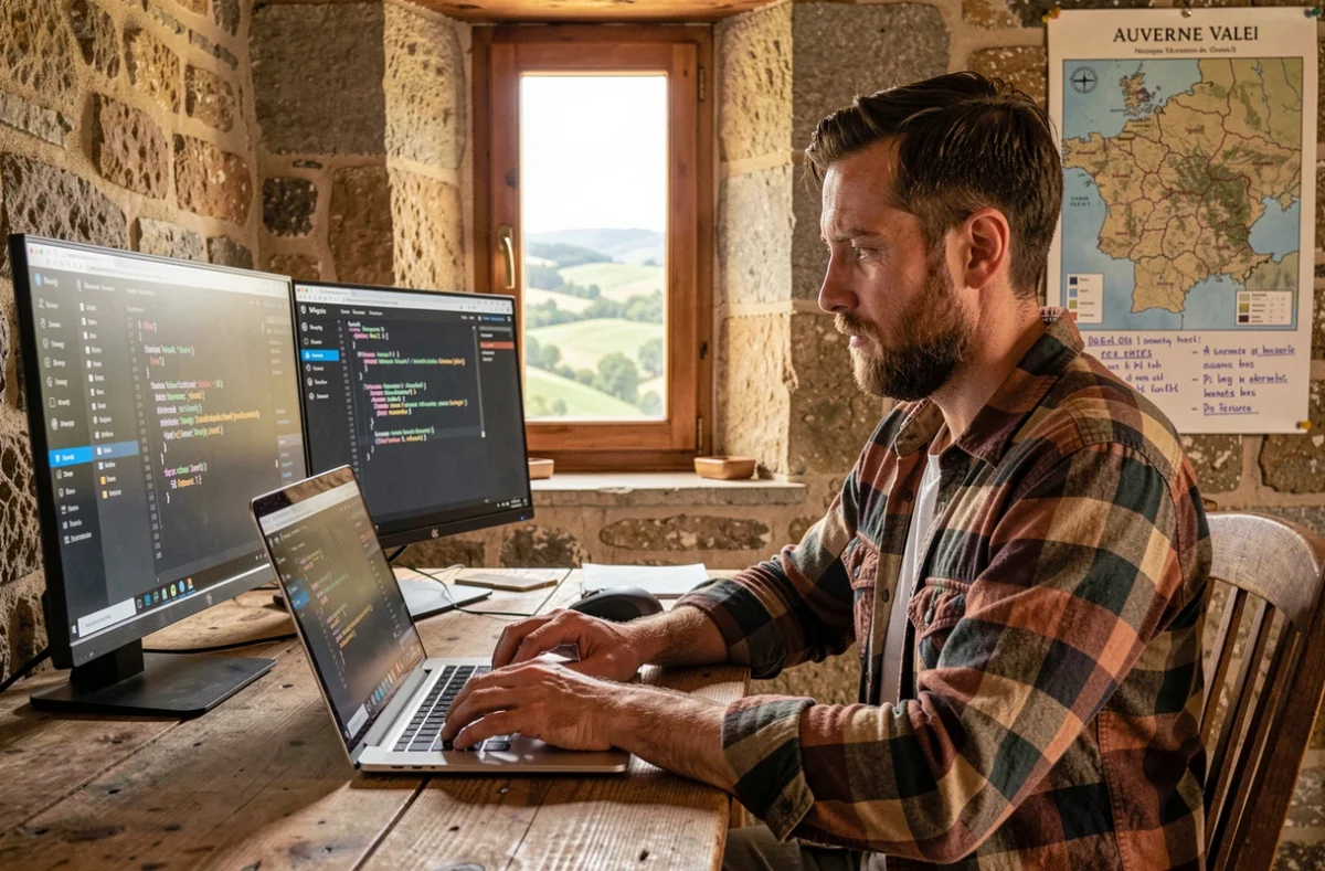 Développeur web de Drosalys travaillant sur la création d'un site internet depuis un bureau en Auvergne
