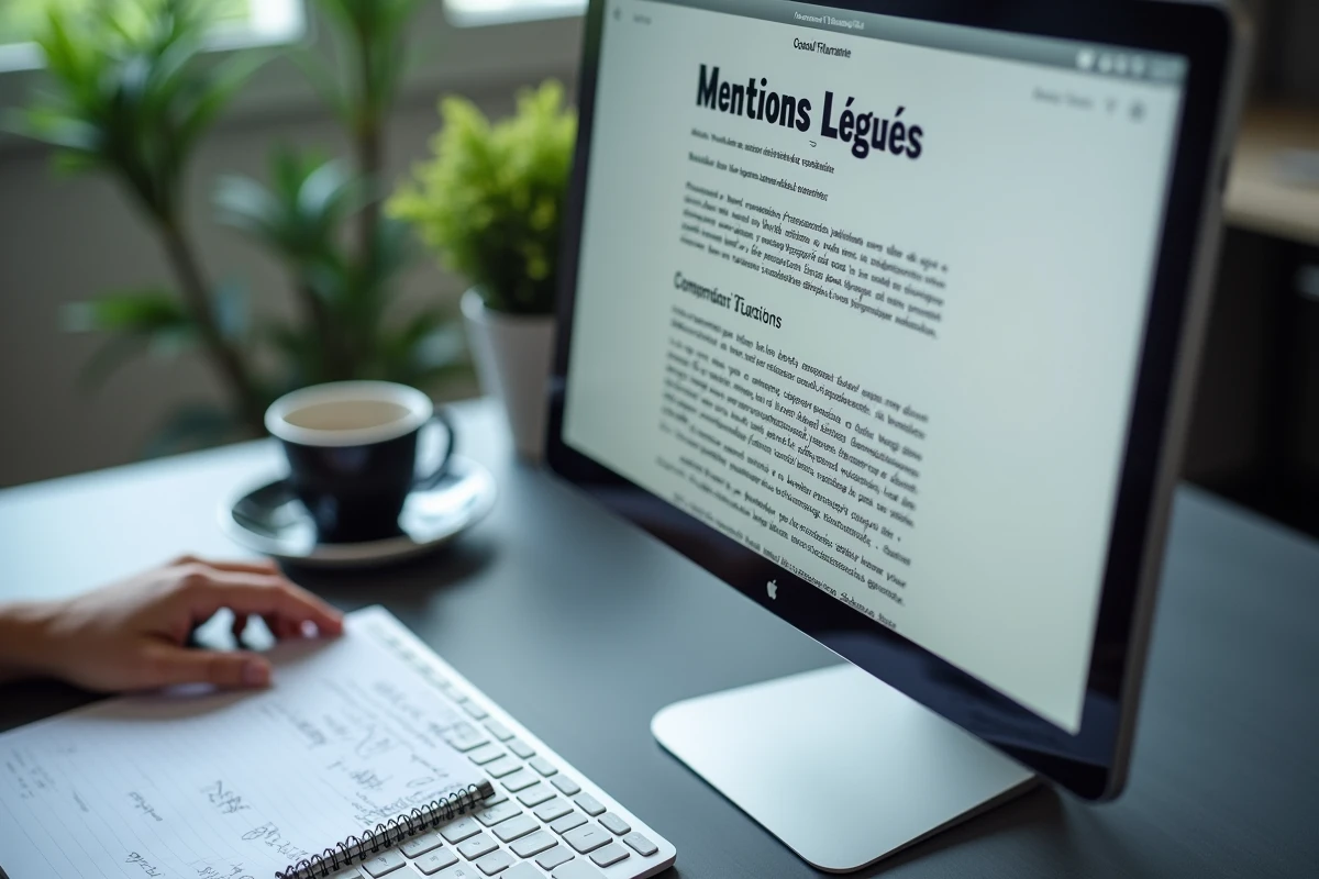 Écran d'ordinateur affichant une page de mentions légales avec clavier et notes manuscrites