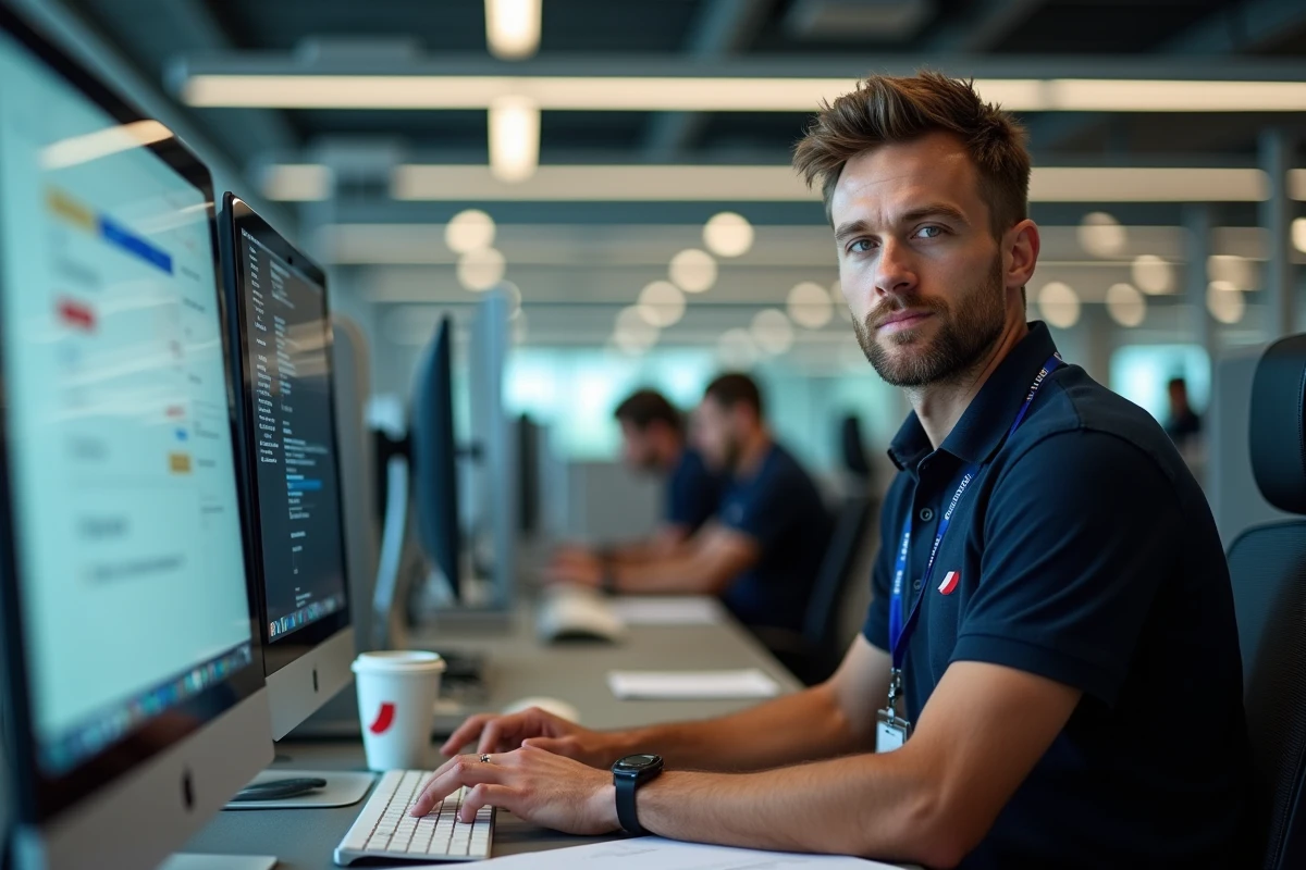 Employé Air France au sol consultant le portail intranet Intraligne sur ordinateur dans un bureau opérationnel