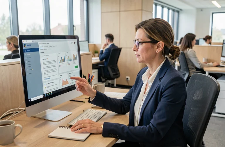 Employée Air France consultant le portail RH Intralignes sur son ordinateur de bureau dans un open space moderne