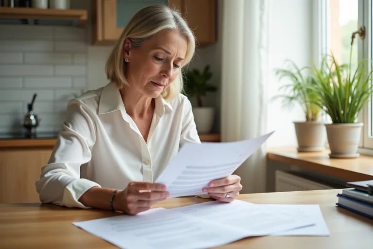 Employée à domicile relisant un contrat de travail CESU en CDI à la table de la cuisine