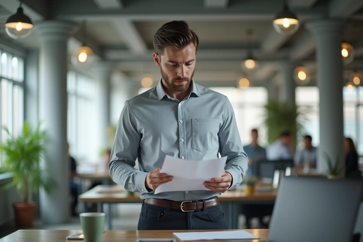 Jeune employé lisant attentivement son contrat de travail lors de sa période d'essai