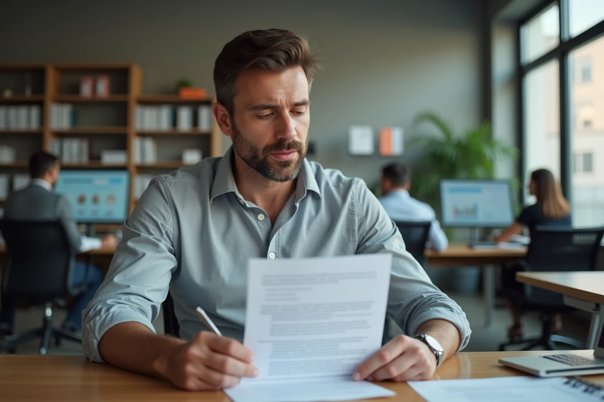 Employé relisant attentivement les conditions de son contrat avant de renouveler sa période d'essai