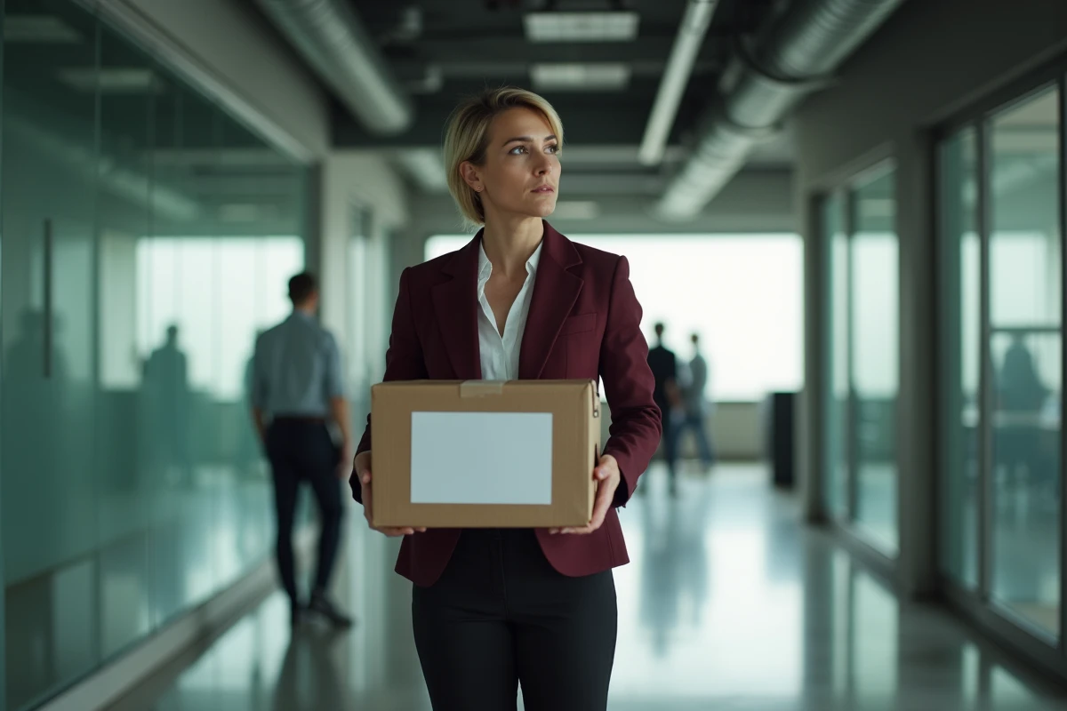 Employée tenant une lettre de licenciement et ses affaires personnelles dans un couloir de bureau après notification de son licenciement pour motif personnel