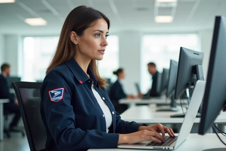 Employée de La Poste connectée à son espace personnel GTA sur un ordinateur portable dans un bureau postal moderne