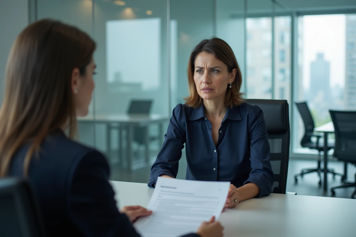 Employée lisant une clause abusive dans un contrat lors d'un entretien RH en salle de réunion