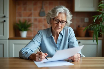 Employeuse à domicile relisant un contrat de travail CESU à la table de sa cuisine