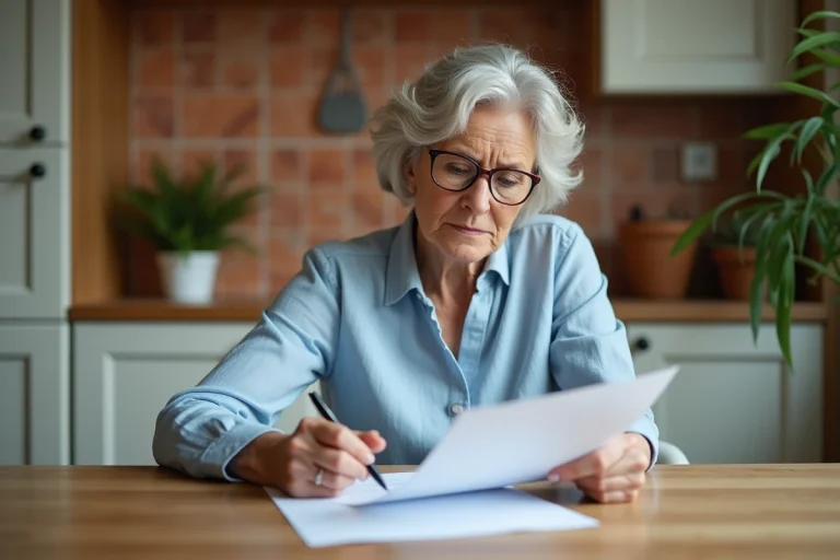 Employeuse à domicile relisant un contrat de travail CESU à la table de sa cuisine
