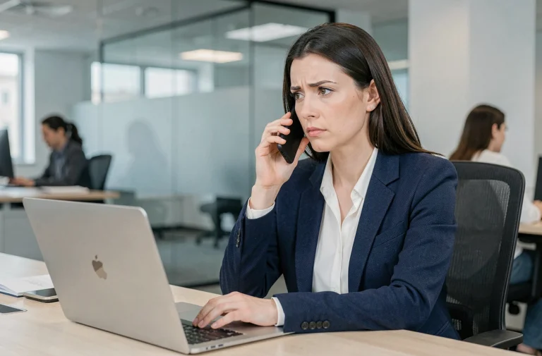 Femme cadre en costume marine tenant un smartphone dans un bureau moderne, illustrant la prudence face à l'enregistrement de conversation professionnelle