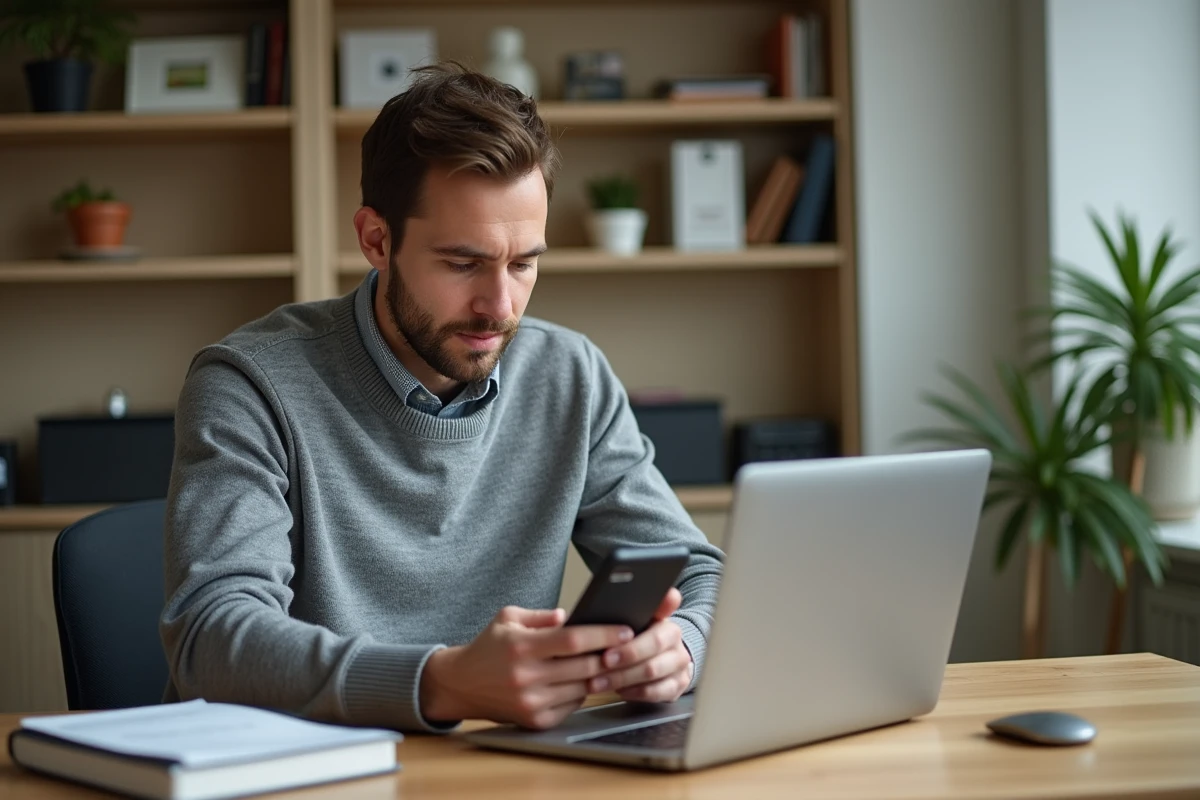 Entrepreneur consultant son application bancaire CIC sur smartphone depuis son espace de travail indépendant