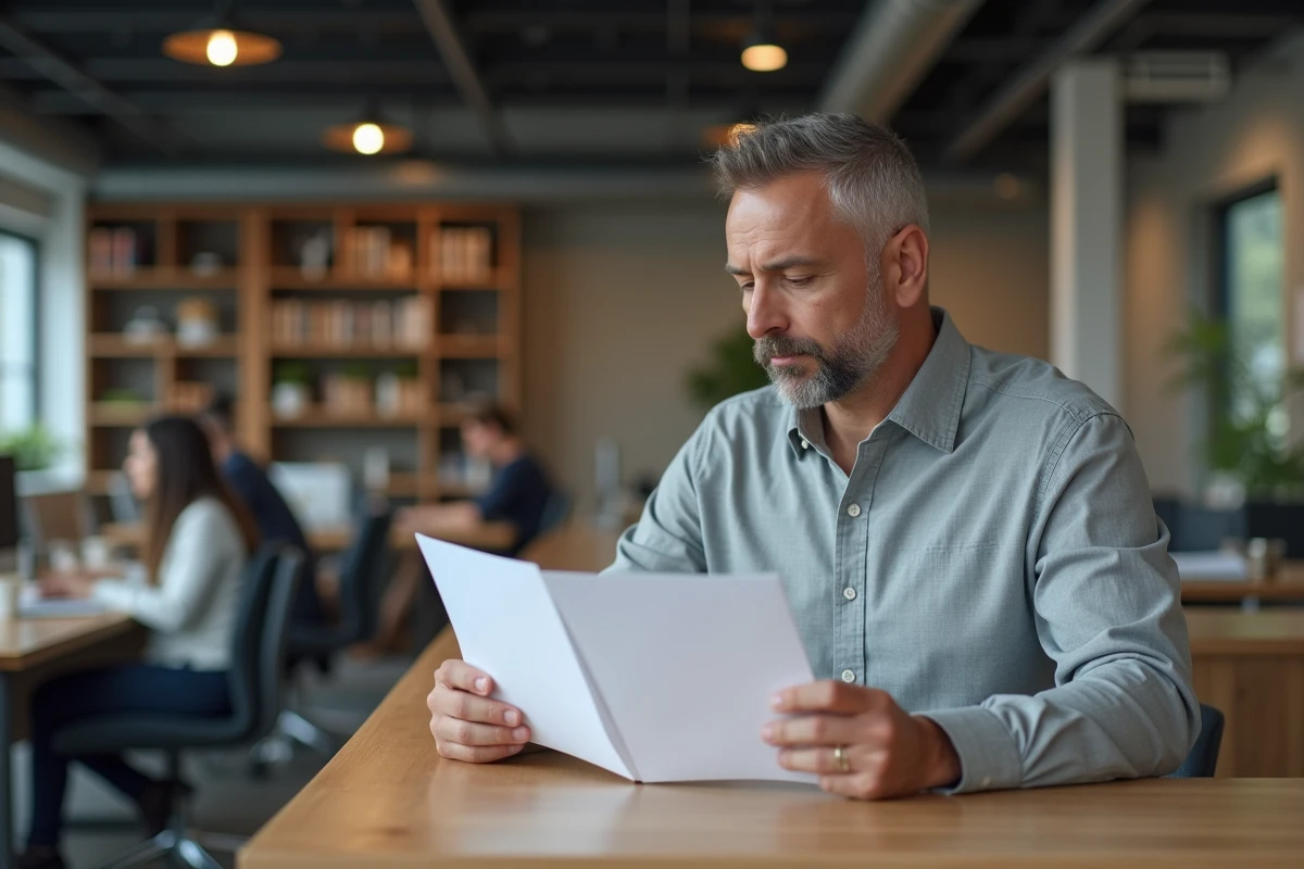 Entrepreneur comparant un extrait Kbis et une attestation Urssaf dans un espace de coworking