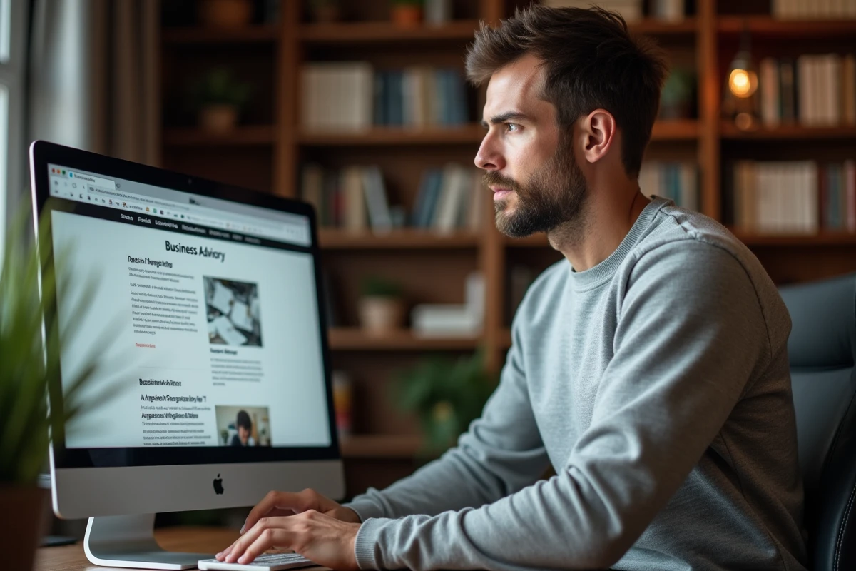 Entrepreneur masculin consultant un site web de conseil aux entreprises depuis son bureau à domicile, représentant la recherche d'accompagnement en ligne pour créer son entreprise