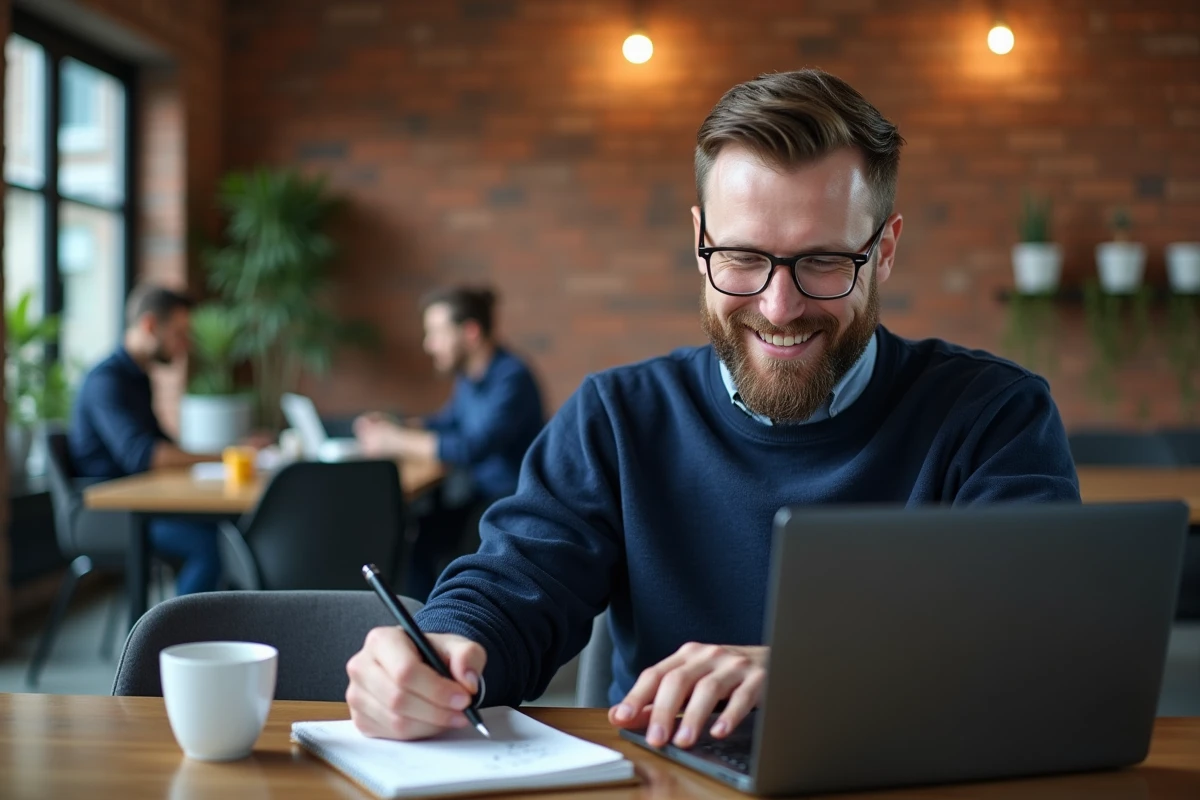 Entrepreneur masculin travaillant sur son projet de micro-entreprise dans un espace de coworking moderne avec un ordinateur portable