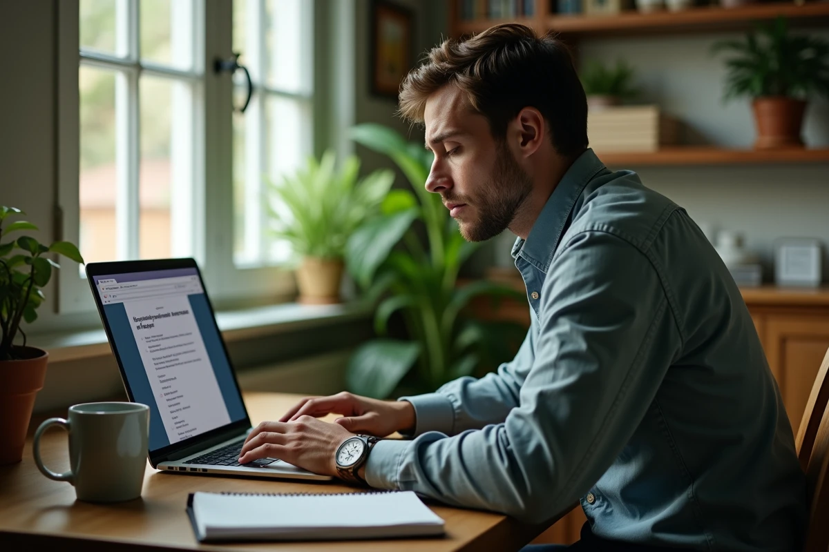 Entrepreneur seul chez lui consultant les démarches administratives en ligne pour fermer son entreprise