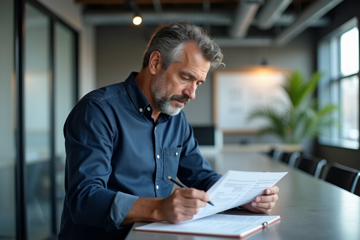 Entrepreneur masculin consultant des documents fiscaux sur le régime micro-entreprise dans un espace de co-working moderne